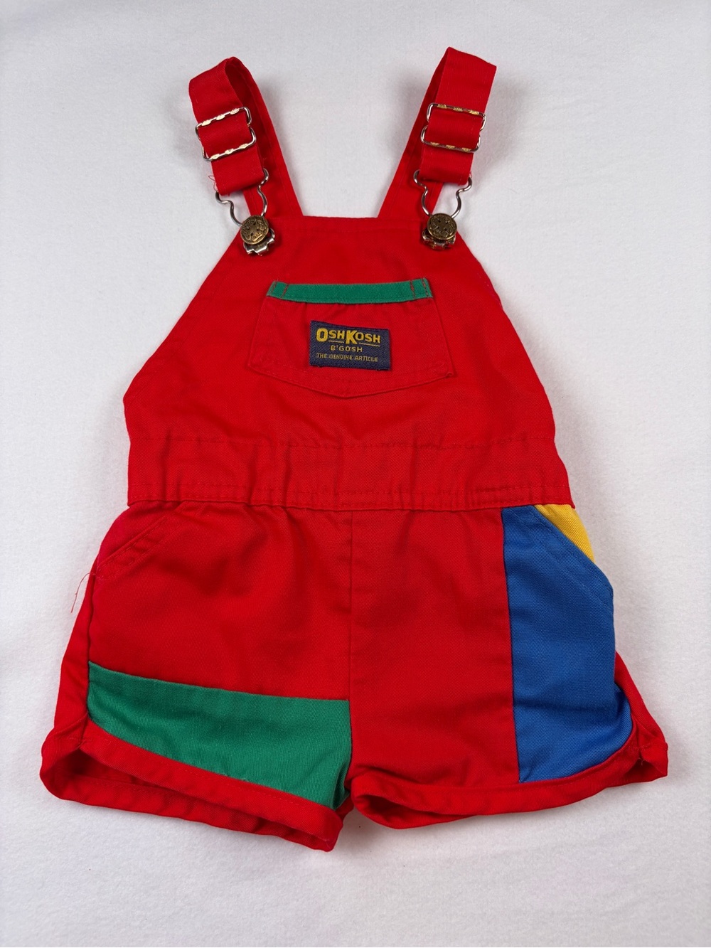 Vintage Oshkosh Primary Color Block Short Overalls Shortalls Romper USA Made 12M